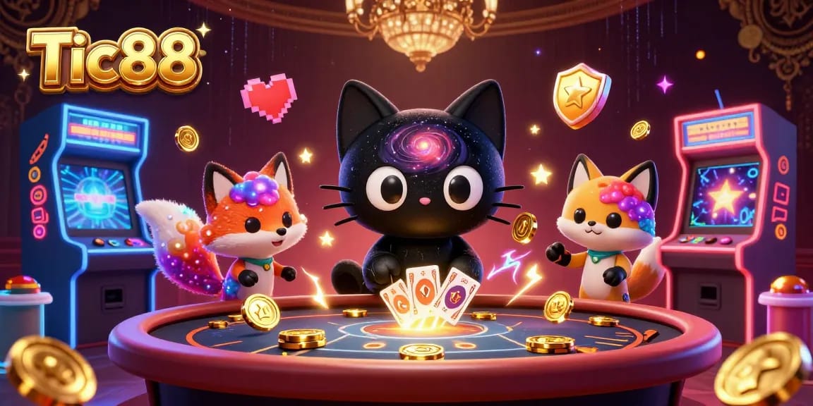 Tic88 creates excitement at a cosmic casino table, featuring 3D characters capturing golden chips and cards.