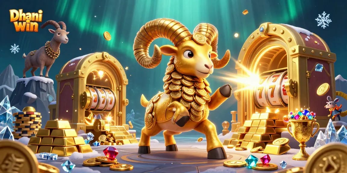 Dive into the thrilling Dhani win casino experience, featuring a cartoon golden ram charging through virtual rewards and treasures.