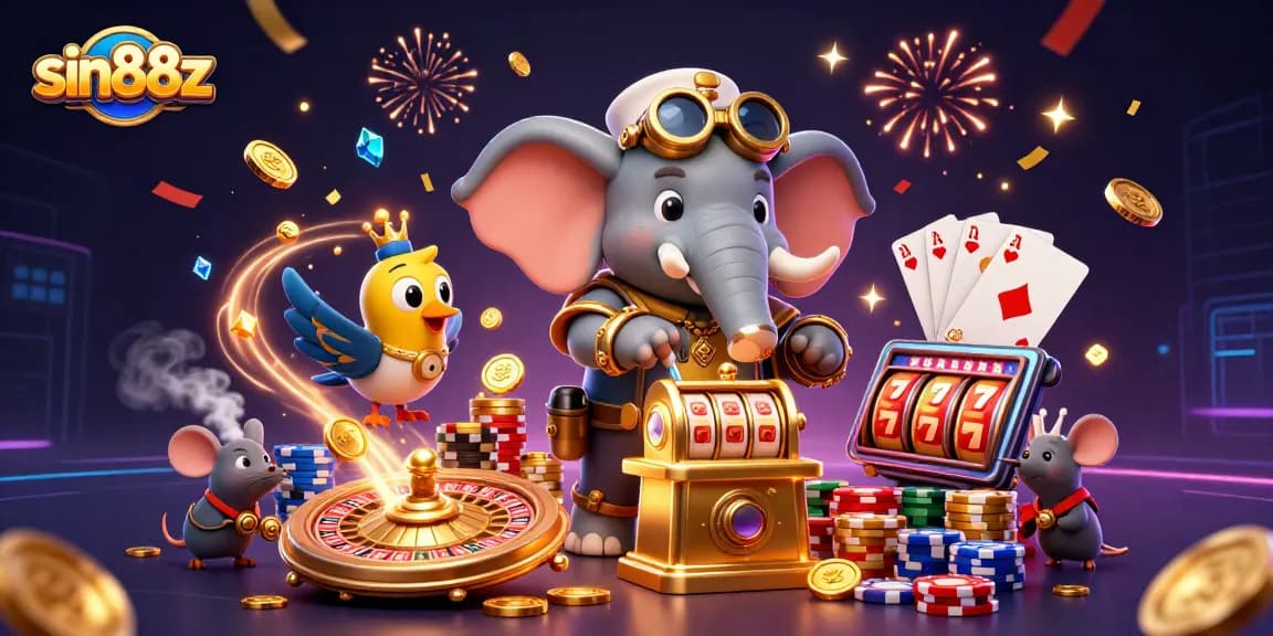 Experience thrilling wins with sin88z's vibrant 3D steampunk casino illustration, showcasing dynamic slot action.