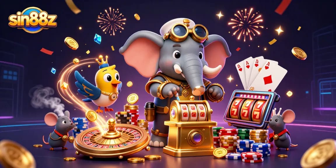 Experience thrilling wins with sin88z's vibrant 3D steampunk casino illustration, showcasing dynamic slot action.