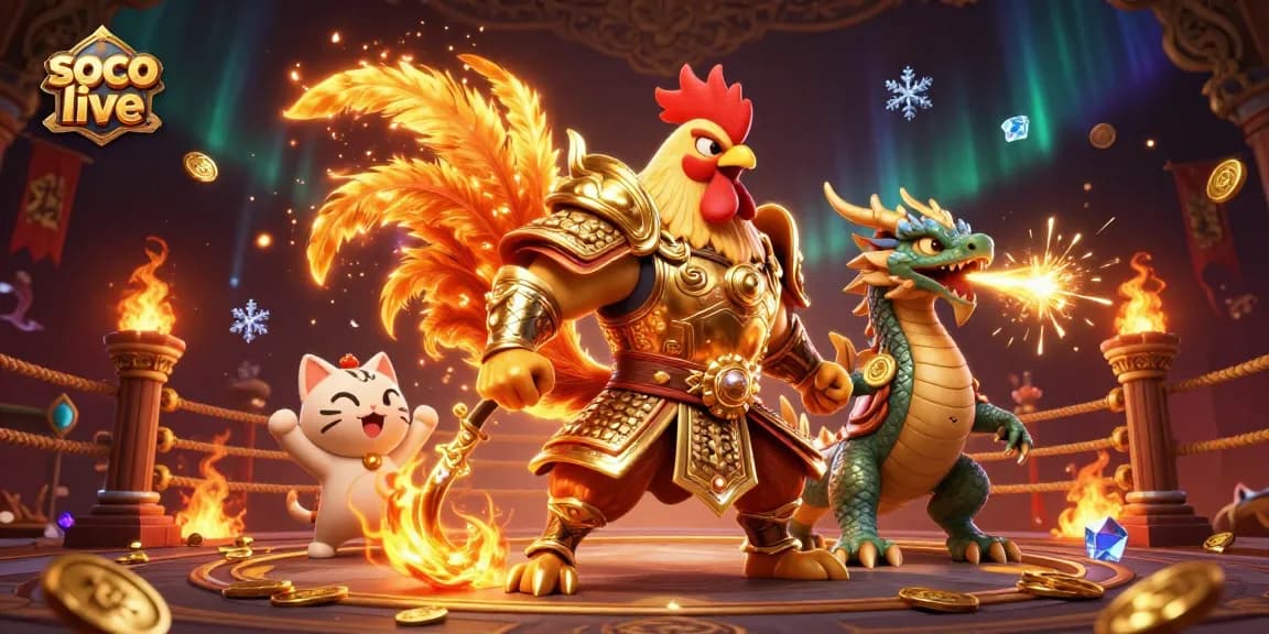 Soco live captures the excitement with a dynamic illustration of a warrior rooster, dragon, and luck cat in an action-packed gambling arena.