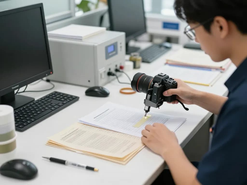 Bóc giấy ép plastic tại hà nội with a technician safely removing plastic layers from important documents in a bright, modern office setting.