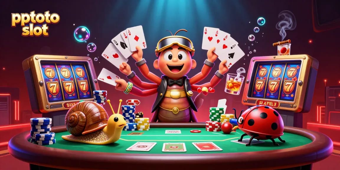 Engage with exciting gameplay in pptoto slot, showcasing animated casino characters with vibrant slot machines.