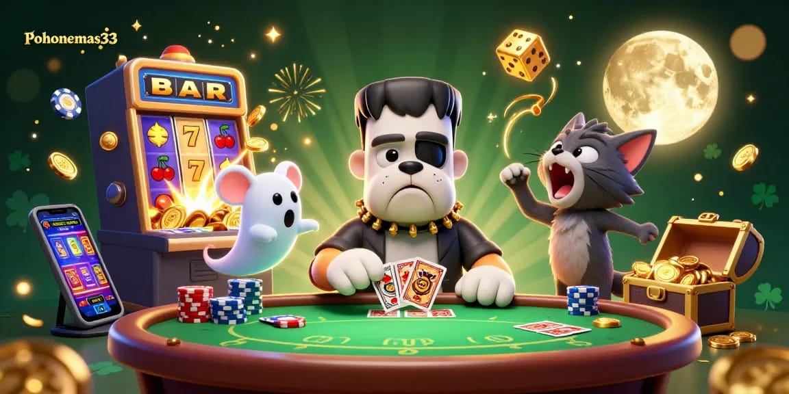 Pohonemas33 showcases a thrilling poker scene with unique characters in a lively casino environment.