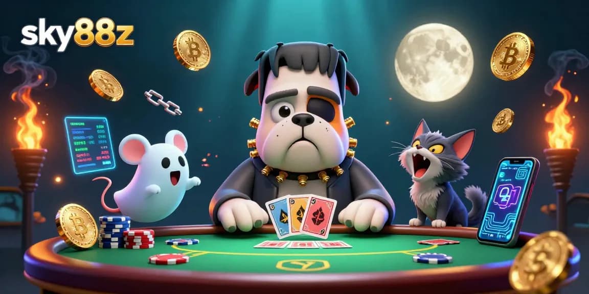 Join the action with sky88z as the Frankenstein bulldog monster deals poker cards at a spooky table.