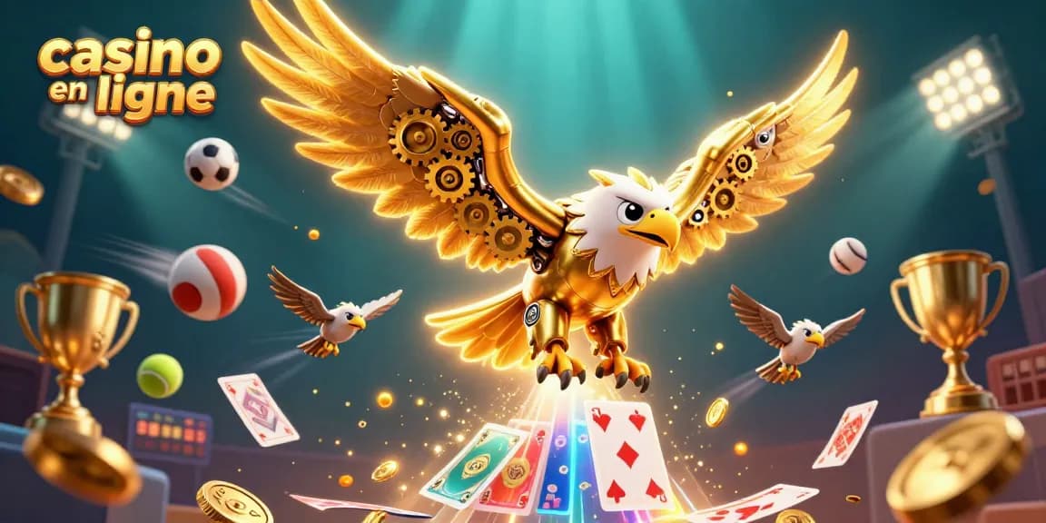 Jouer au casino en ligne avec le faucon doré cybernétique et des cartes holographiques volantes.