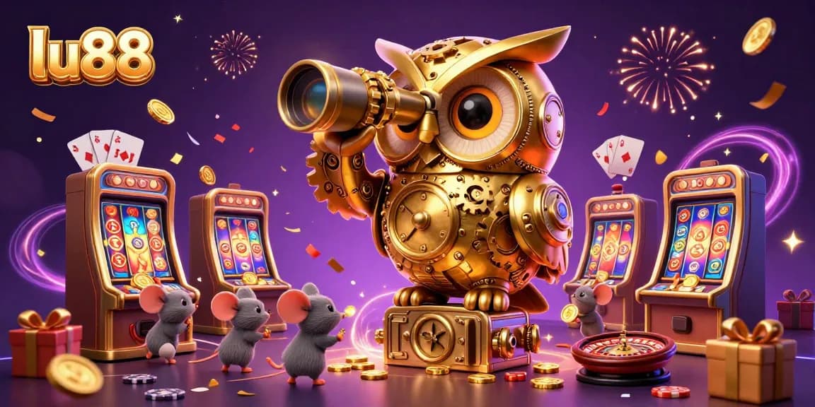 Experience excitement with lu88 as whimsical owls and mice delight in a vibrant casino scene.