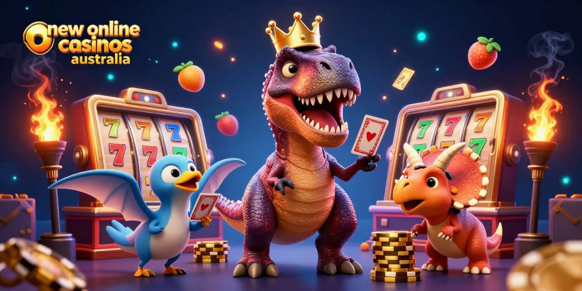 new online casinos australia showcase a lively scene with cartoon dinosaurs and slot game elements