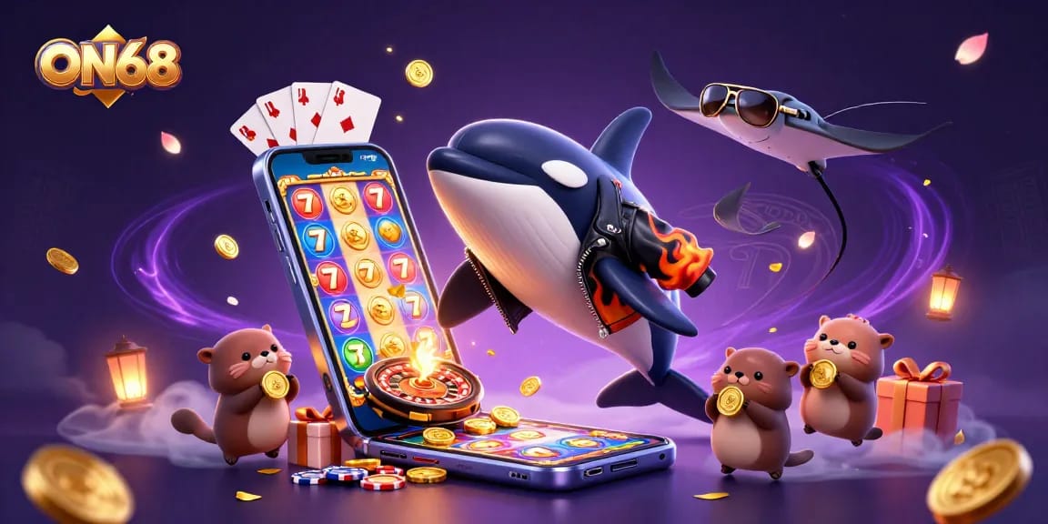 Experience thrilling games at ON68 with a 3D whale and otters surrounded by coins and slot games.