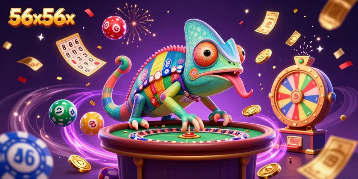 Engage with the vibrant 56x56x casino world where a chameleon character showcases golden coins and gaming excitement.