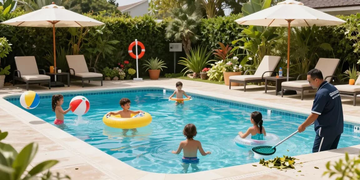održavanje bazena scene with family enjoying a clean and safe pool area while a technician performs maintenance.