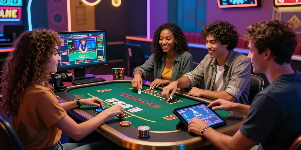 Groupe d’amis jouant ensemble à un casino en ligne, ambiance animée et excitante.