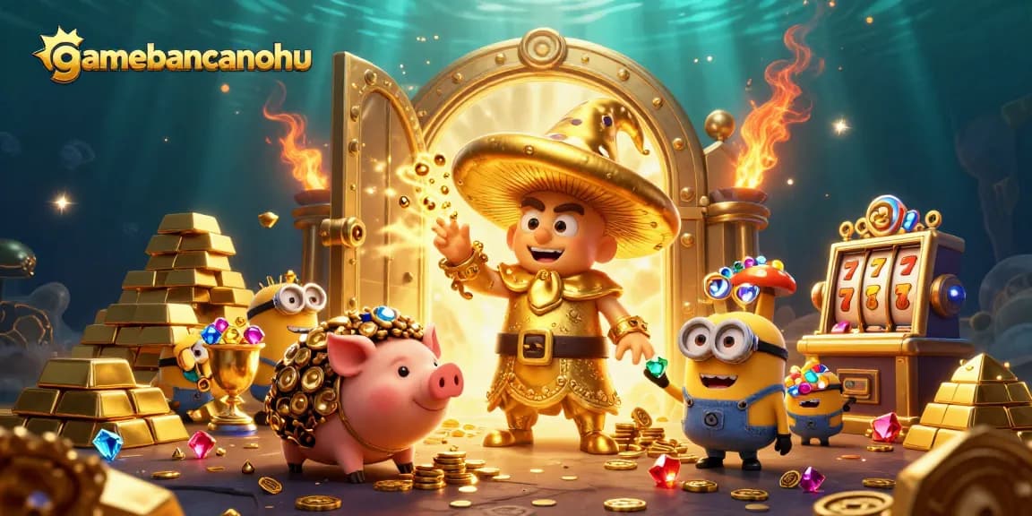 Engage with gamebancanohu's vibrant 3D casino atmosphere showcasing treasure and slot reels.