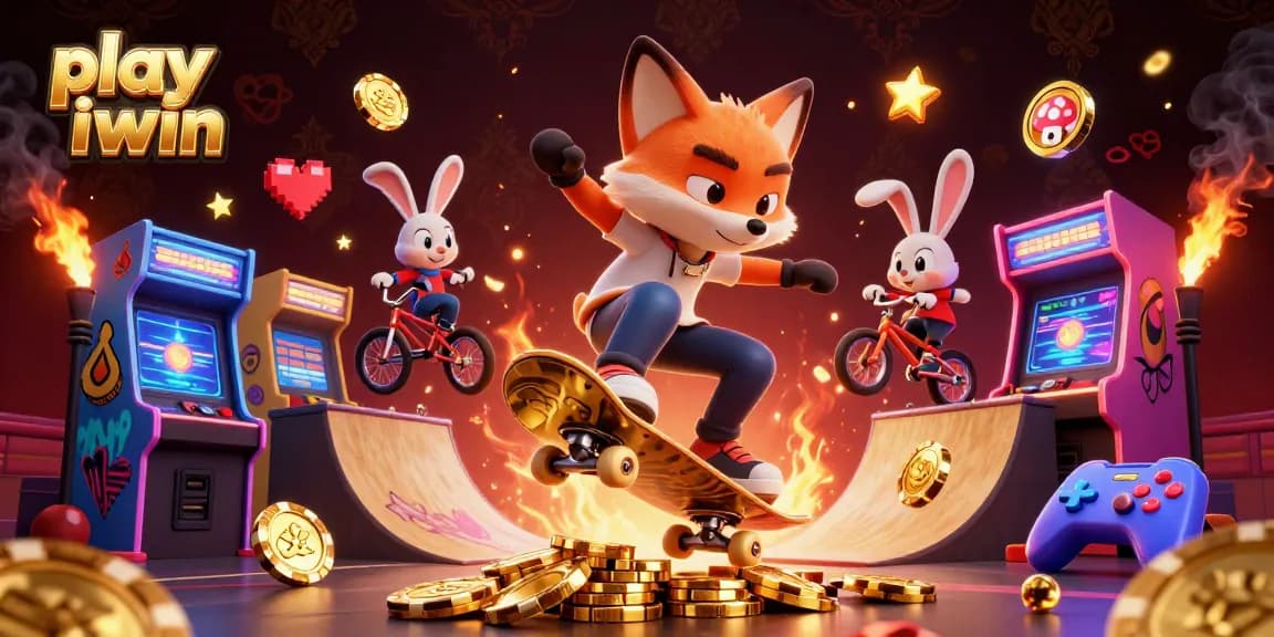 Experience the thrill of play iwin with vibrant cartoon characters, casino symbols, and arcade elements.