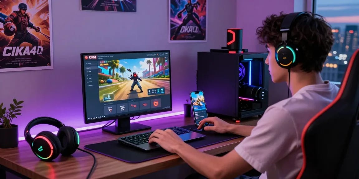 Gamer experiencing CIKA4D online gaming in a cozy setup with dynamic lighting.