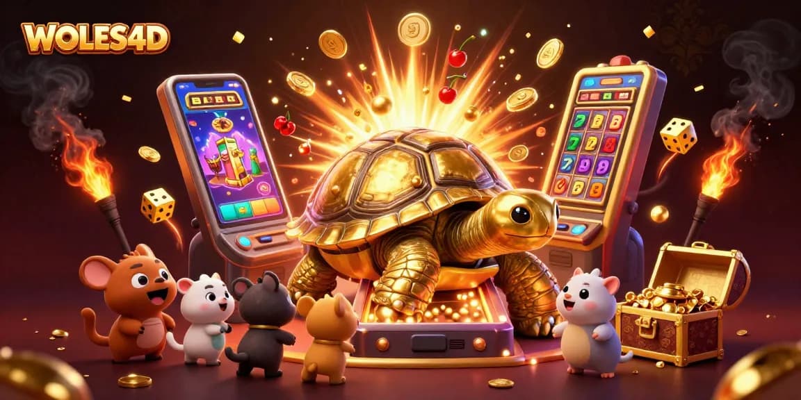 WOLES4D memainkan slot dengan karakter kura-kura emas yang unik dan jackpot coins.