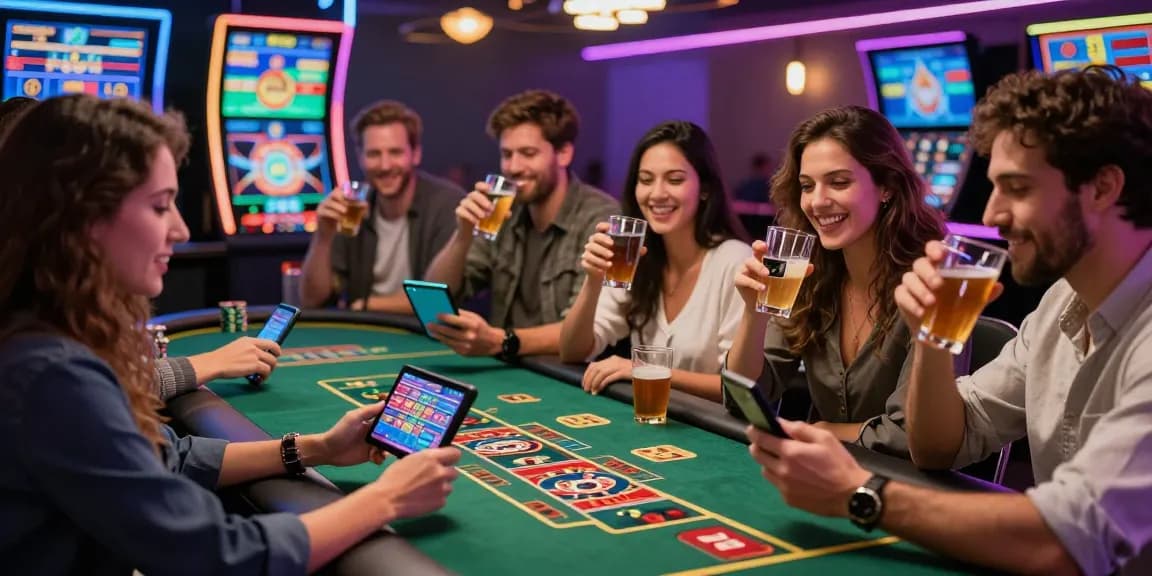 Scène de casino en ligne avec des amis jouant sur mobile, ambiance festive
