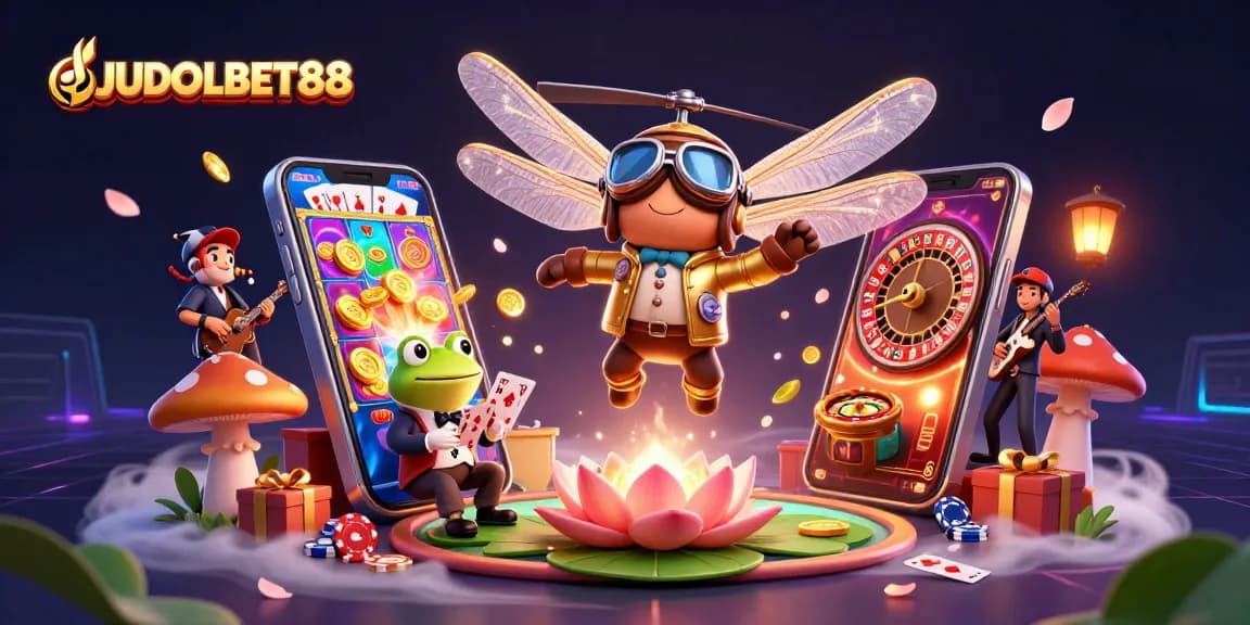 Experience thrilling gameplay with JUDOLBET88 in this vibrant casino-themed 3D illustration featuring a helicopter pilot dragonfly.