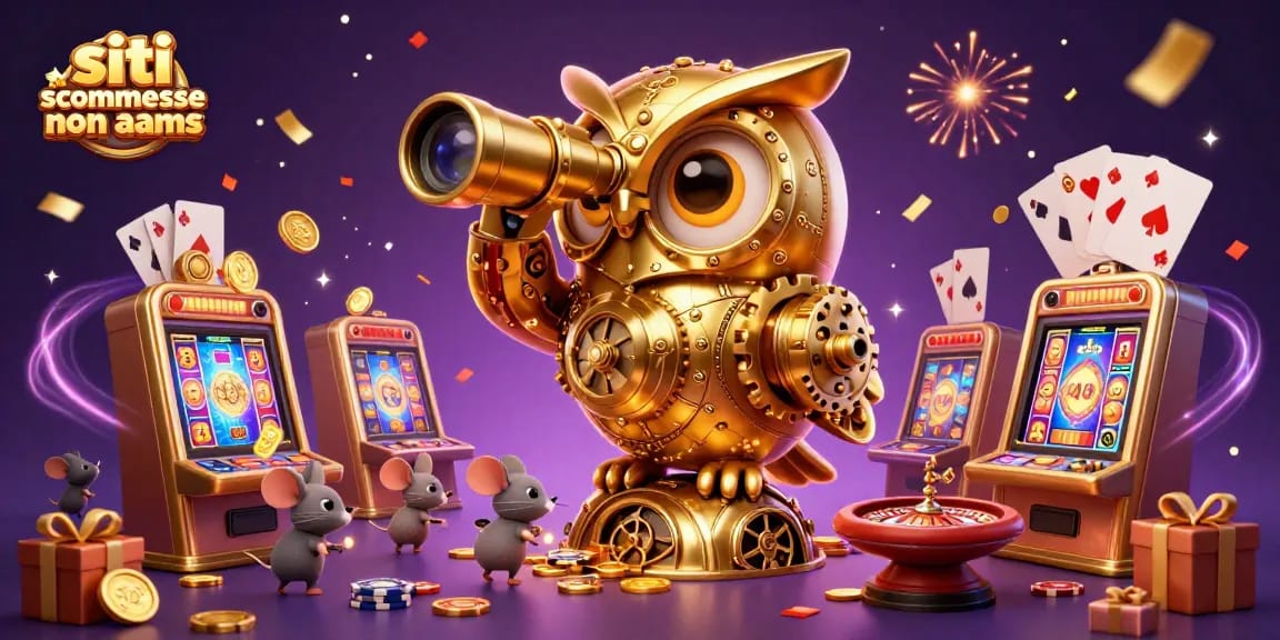 Siti scommesse non AAMS: scena dinamica con gufo dorato e topi tra slot machine di ottone.