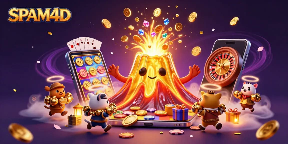SPAM4D menampilkan volcano emas 3D yang mengeluarkan koin dan harta karun dalam ilustrasi kasino online.