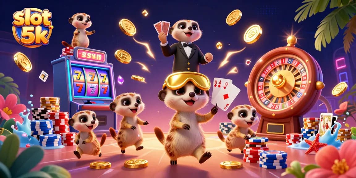 Experience the excitement of slot 5k with animated meerkats in a vibrant casino scene.