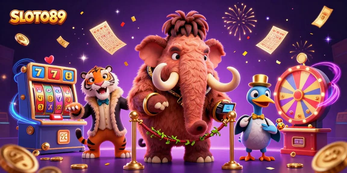 Experience the excitement of SLOTO89 with a vibrant 3D casino scene featuring dynamic game elements and lively characters.