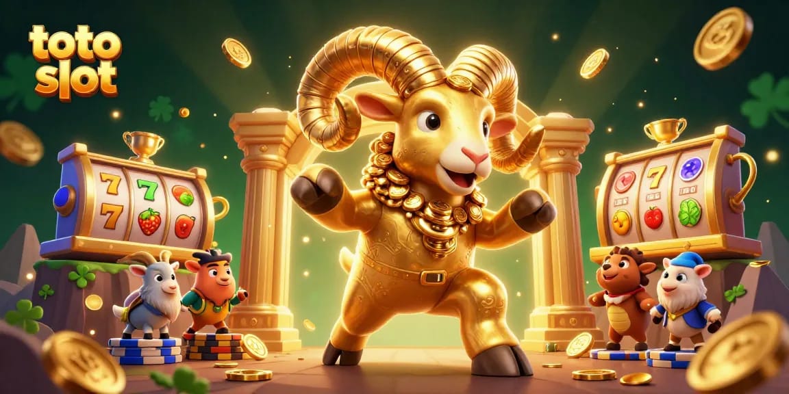 Main ram yang dinamis mewakili toto slot melewati gerbang emas dengan elemen permainan keberuntungan berkilauan.