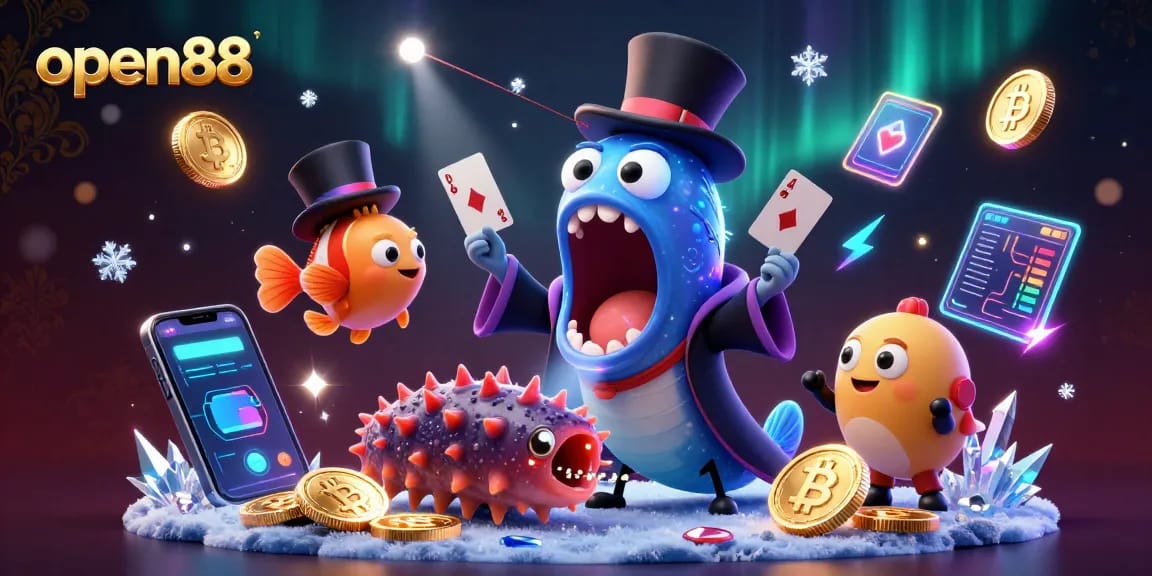Experience winning strategies at open88 with vibrant casino-themed underwater characters and crypto elements.