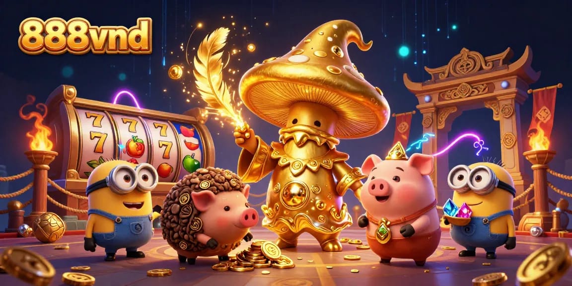 Experience thrilling gaming with 888vnd, featuring a golden wizard and captivating slot reels.