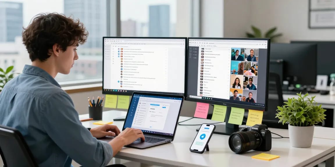 Engaging workspace scene depicting Telegram Download interface on a laptop with fresh productivity elements and vibrant office atmosphere