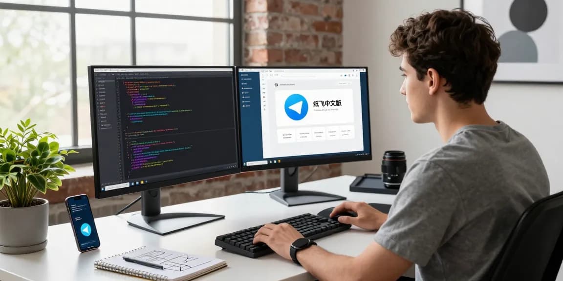 Developer coding Telegram application in 纸飞机中文版, showcasing tech workspace environment with dual monitors.