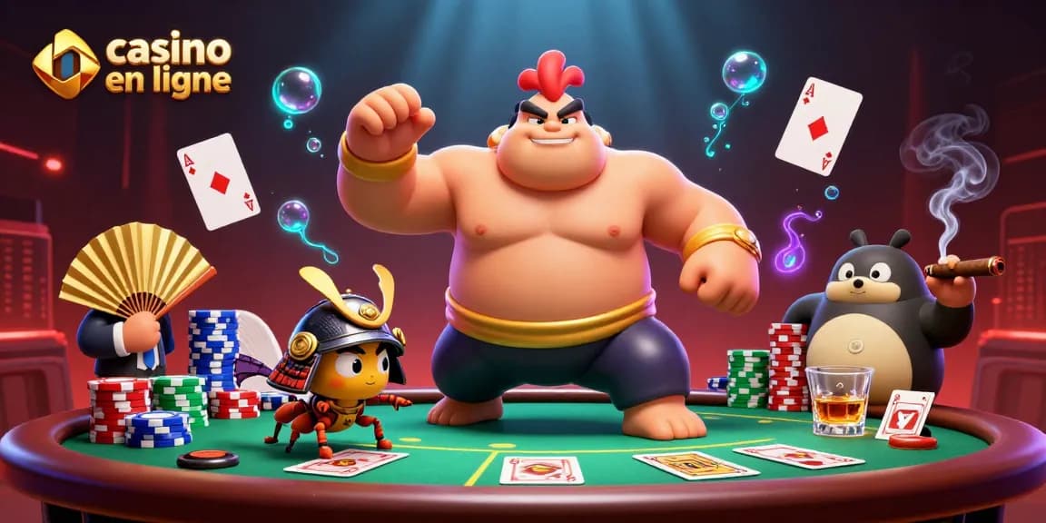 Une scène dynamique de casino en ligne avec un poulet sumo et un grillon, entourés de cartes et de jetons.