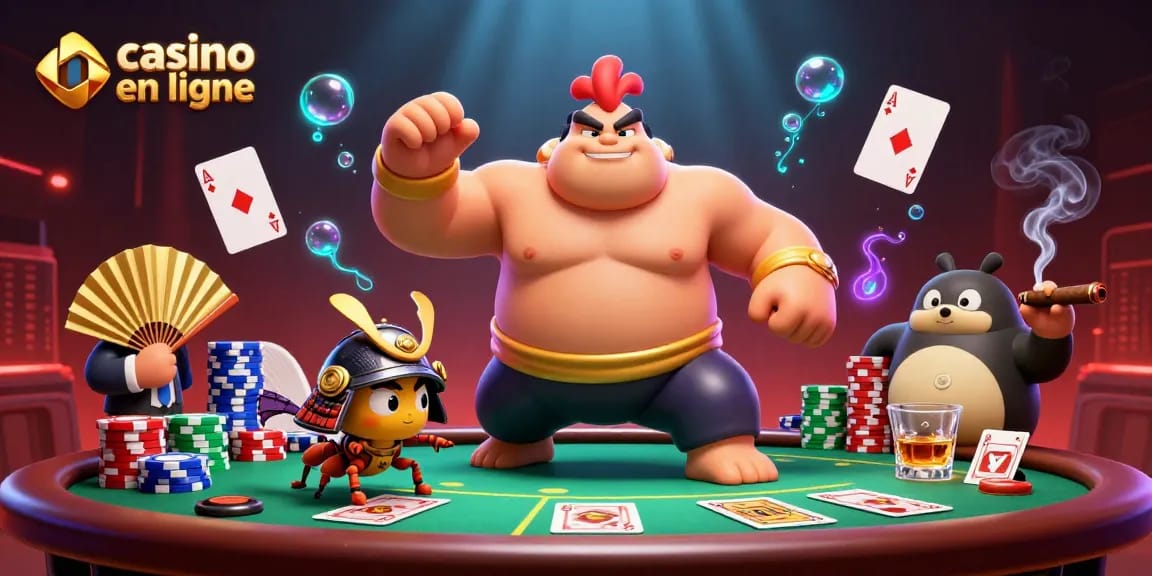Une scène dynamique de casino en ligne avec un poulet sumo et un grillon, entourés de cartes et de jetons.