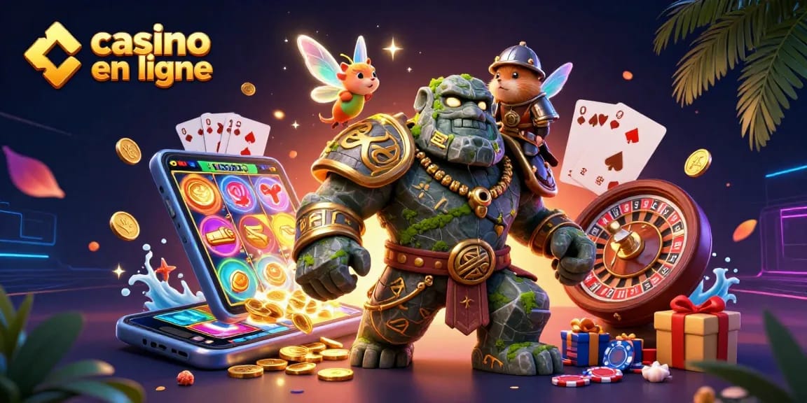 Une scène animée de casino en ligne avec une créature protectrice enchantée, magie, et jeux de cartes éparpillés.