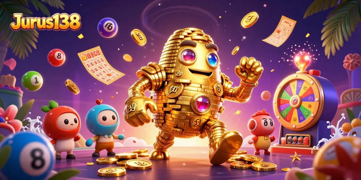 Join the fun at Jurus138 with a golden golem surrounded by vibrant lottery elements and rich treasures.
