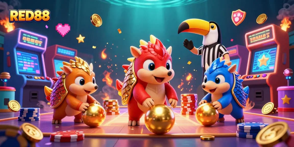 Competing pangolins in armor chase golden balls at RED88 casino arcade.