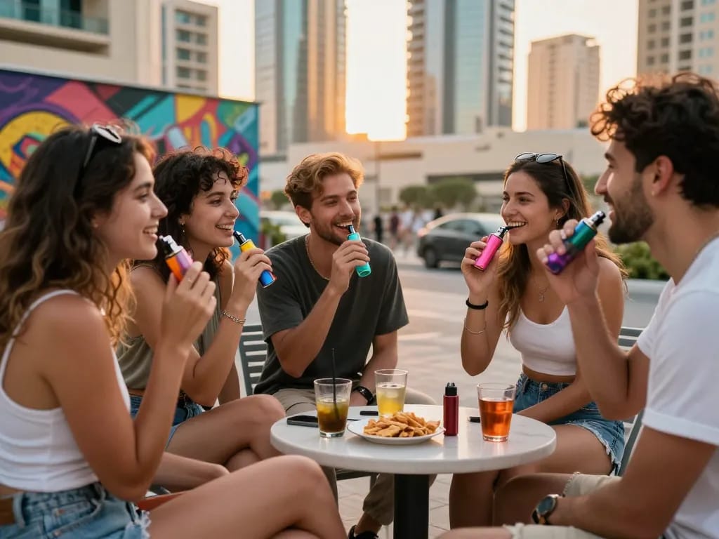Friends using THC vapes outdoors in Dubai, embodying lifestyle while looking to buy weed in Abu Dhabi.