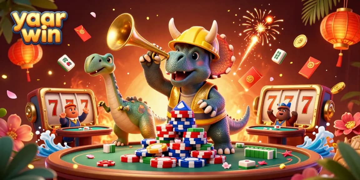 Engage in thrilling game action at Yaar Win with a lively casino scene and cartoon dinosaurs celebrating wins.