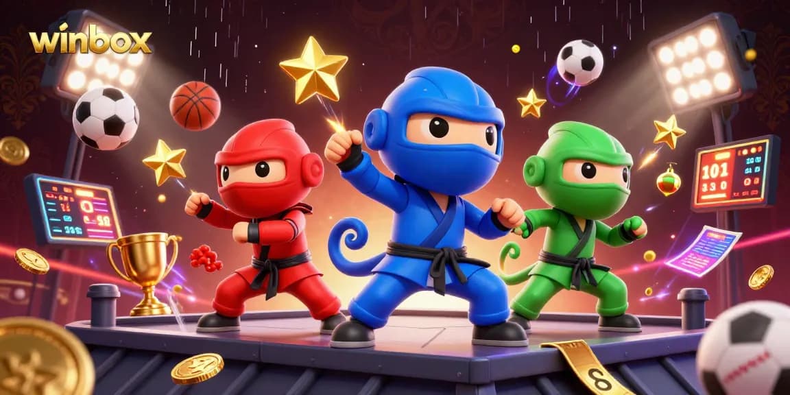 Winbox showcases a vibrant 3D scene with ninja chameleons performing martial arts among sports elements.