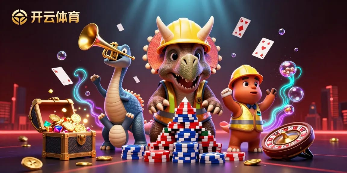 A dynamic scene showcasing 开云体育 with a 3D triceratops building poker chips among casino elements and cheering characters