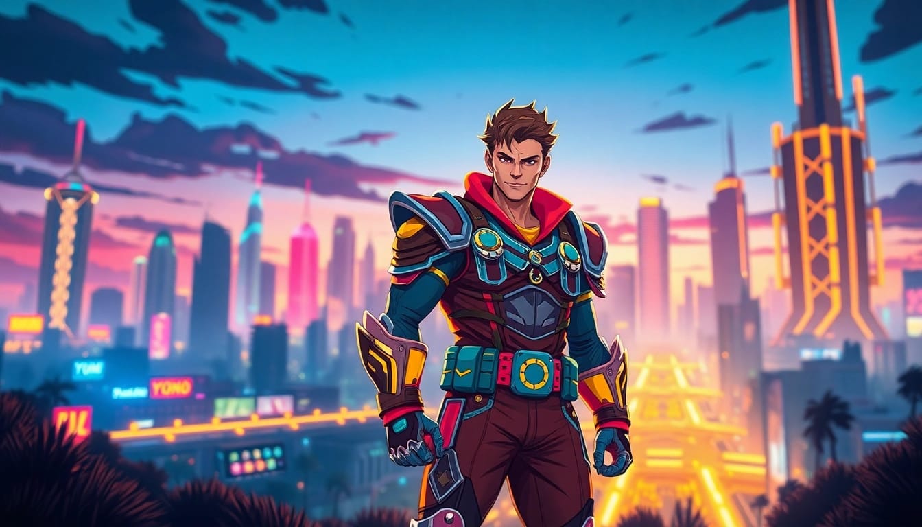 Engaging scene from the yono game showcasing a heroic character in a vibrant futuristic city.