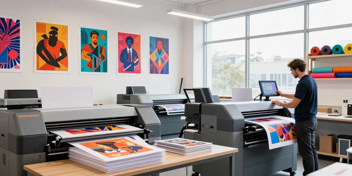 Technician operating poster printer machines in a vibrant print shop environment.
