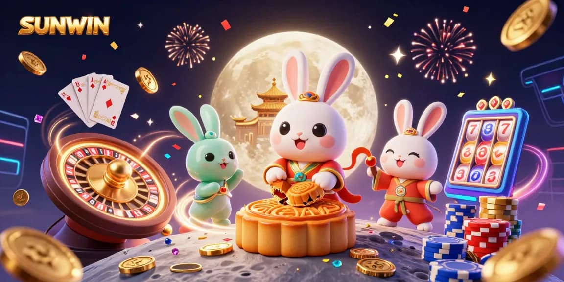 SUNWIN offers a unique gaming experience with cartoon characters celebrating luck with coins, poker chips, and festive elements.