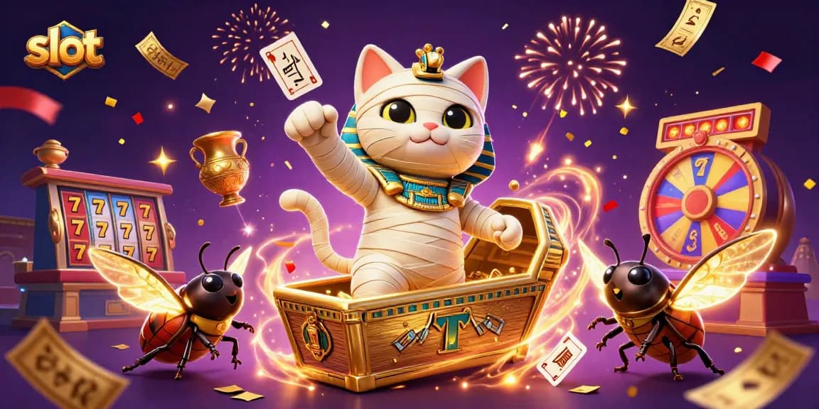 Experience thrilling slot adventures with a 3D Egyptian mummy cat and vibrant casino elements.