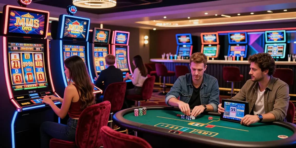 Joueurs engagés dans le casino en ligne, illustrant l'enthousiasme des jeux de casino en ligne dans une ambiance animée.