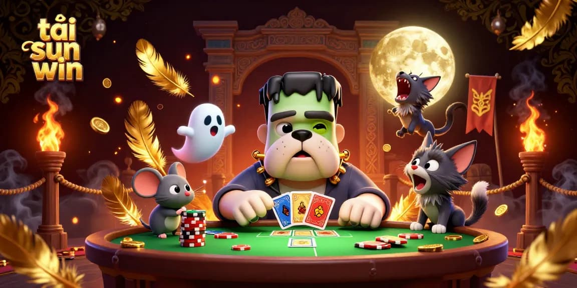 Engaging scene with the 3D cartoon monster dealing cards, promoting tải sun win casino gaming.