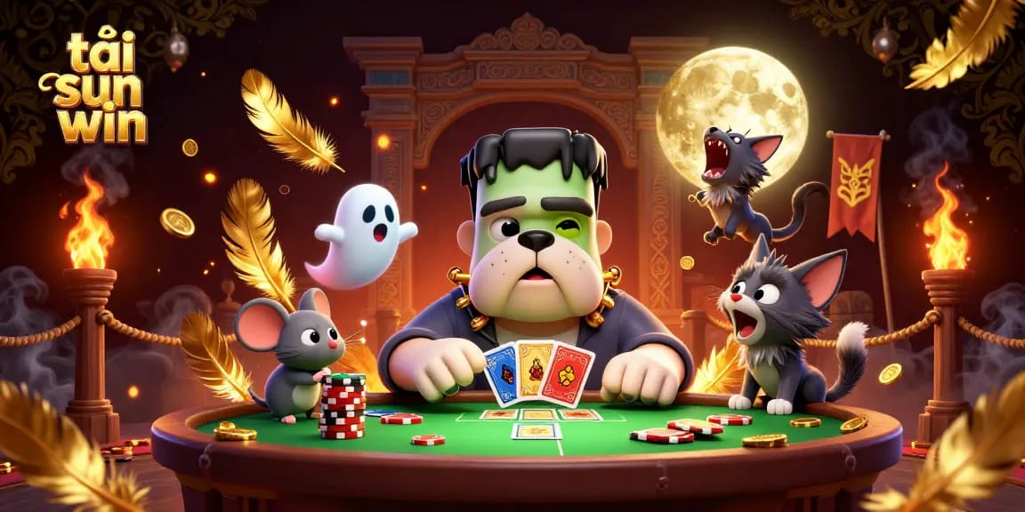 Engaging scene with the 3D cartoon monster dealing cards, promoting tải sun win casino gaming.