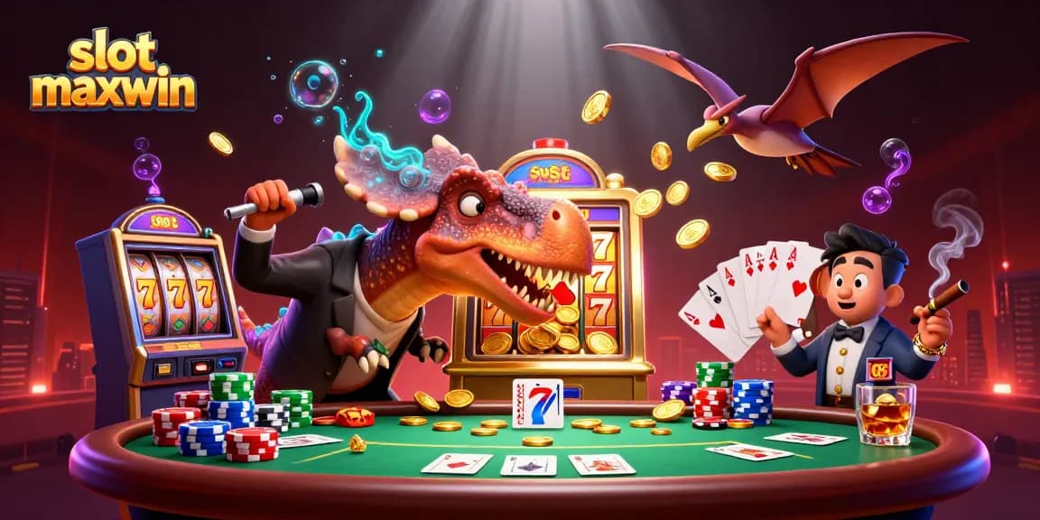 Experience big wins with slot maxwin as a cartoon dinosaur rams a golden machine in this vibrant casino scene.