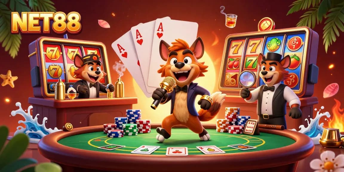 Experience the excitement of NET88's casino gameplay with lively 3D hyena characters.