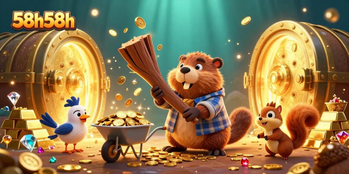 Engage in thrilling gaming with 58h58h as beaver chops trees raining gold coins.